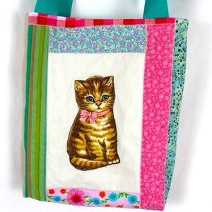 Cat Lover's Kitten Pink Tote Bag Purse Lined Interior Pocket Handmade Patchwork